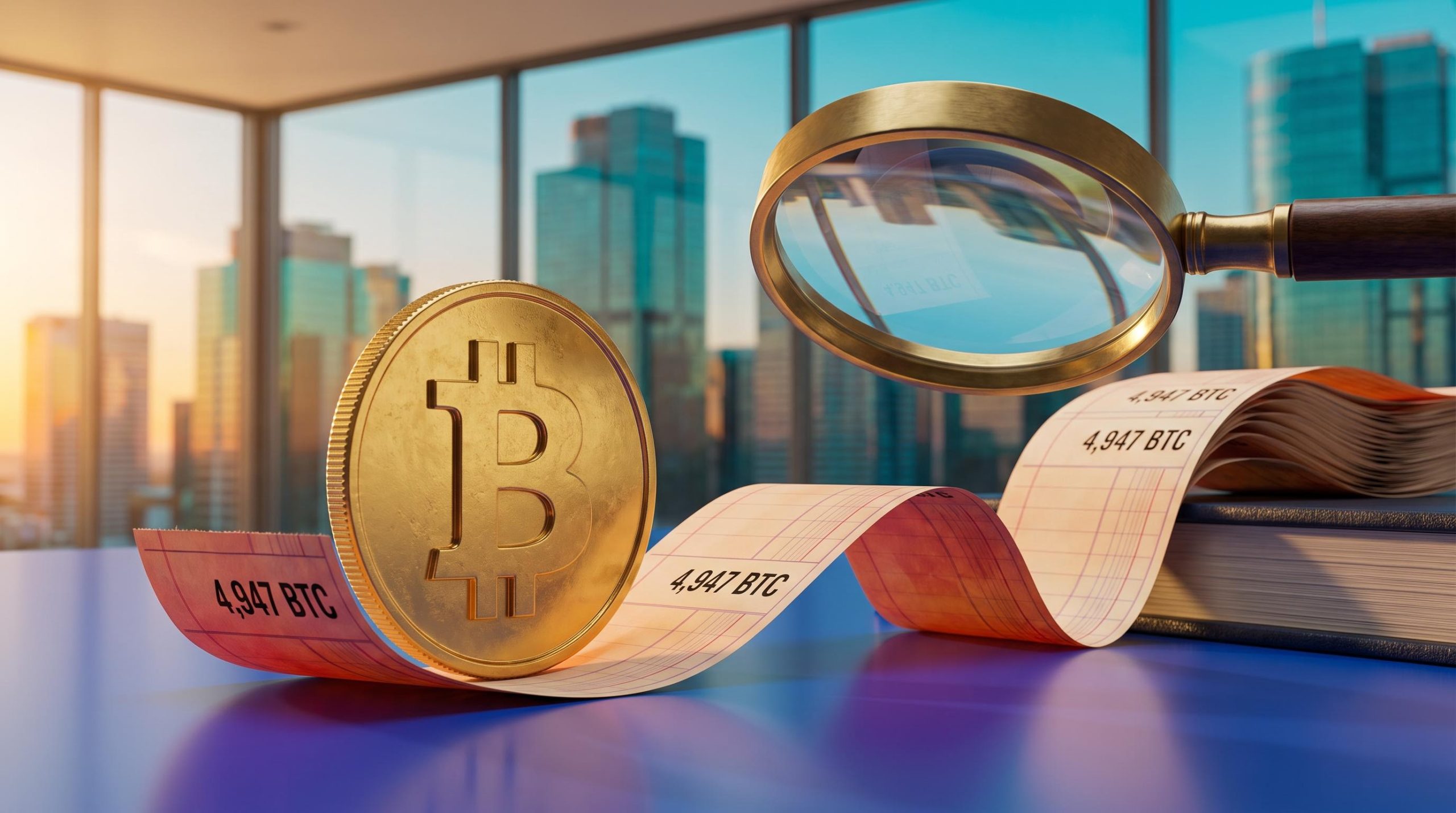 Gold bitcoin coin beside a receipt reading 4,947 BTC, under a magnifying loupe, illustrating STRC preferred stock's net gain