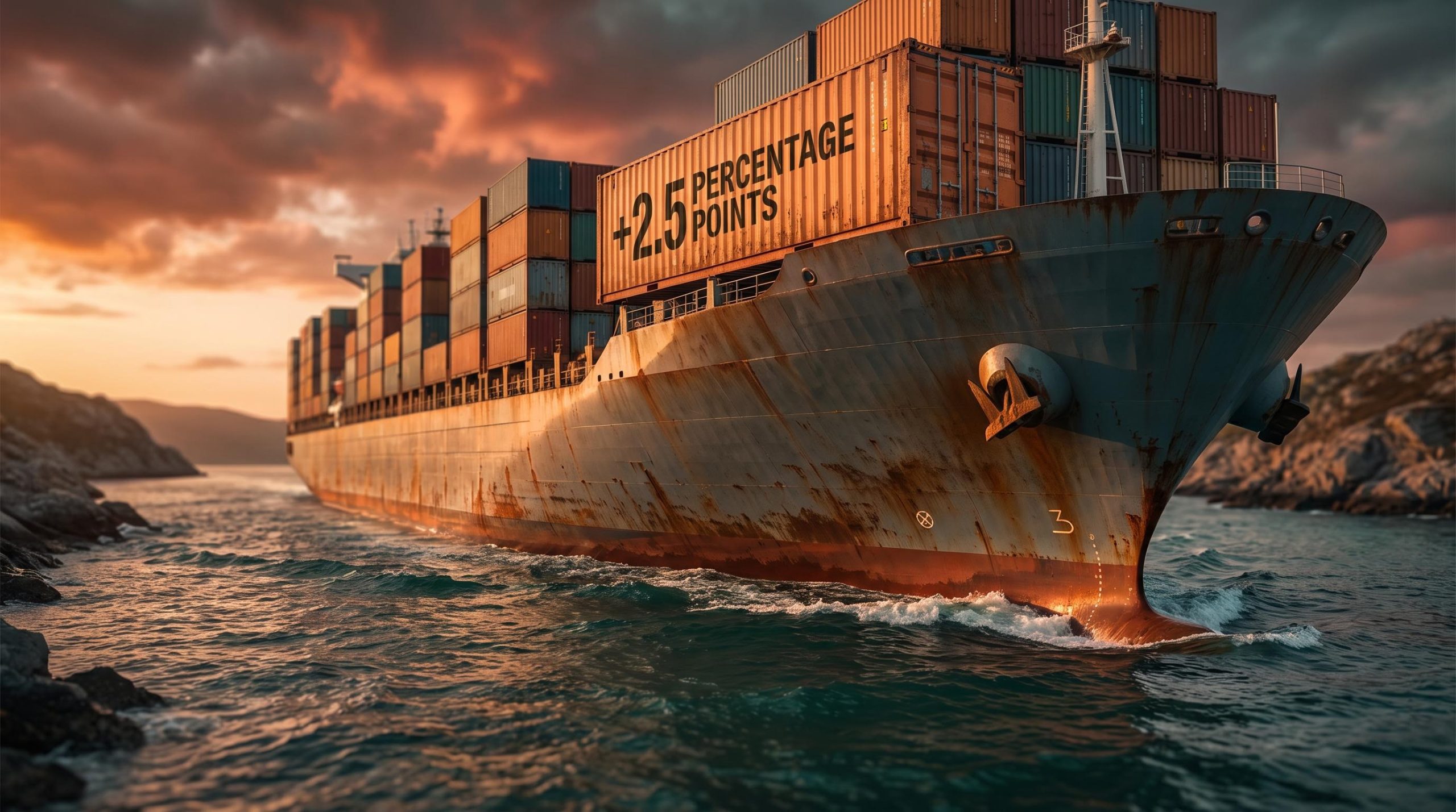Massive container ship navigating a contested strait, structural inflation goods-price swing stencilled on hull