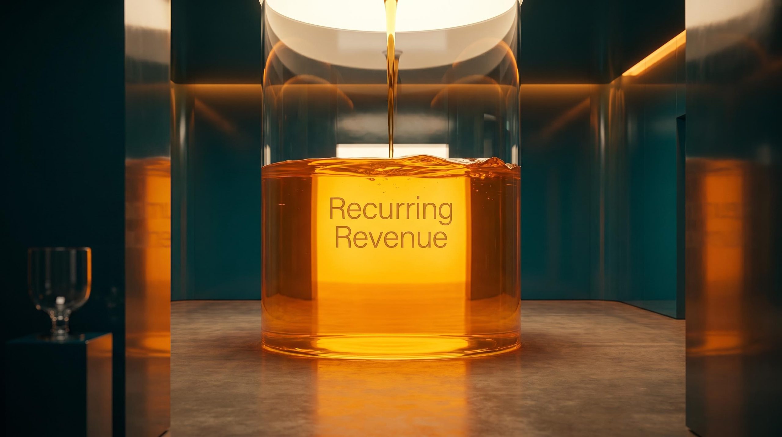 Glass cylinder filling with luminous amber liquid illustrating how a subscription business model builds recurring revenue automatically