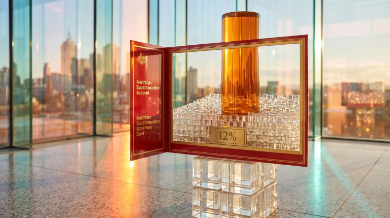 Tall amber glass column towering over small cubes with a 12% plaque, illustrating super concentration risk in AI tech