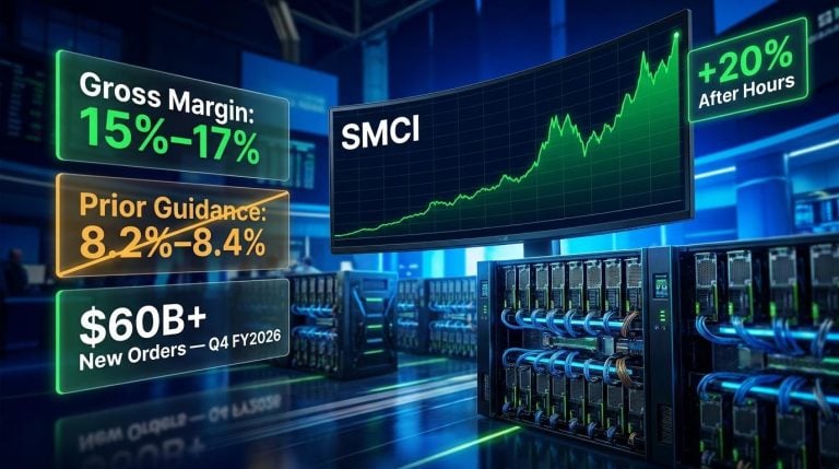 Super Micro Computer stock surges 20% after-hours as gross margin hits 15–17%, nearly doubling prior 8.2% guidance