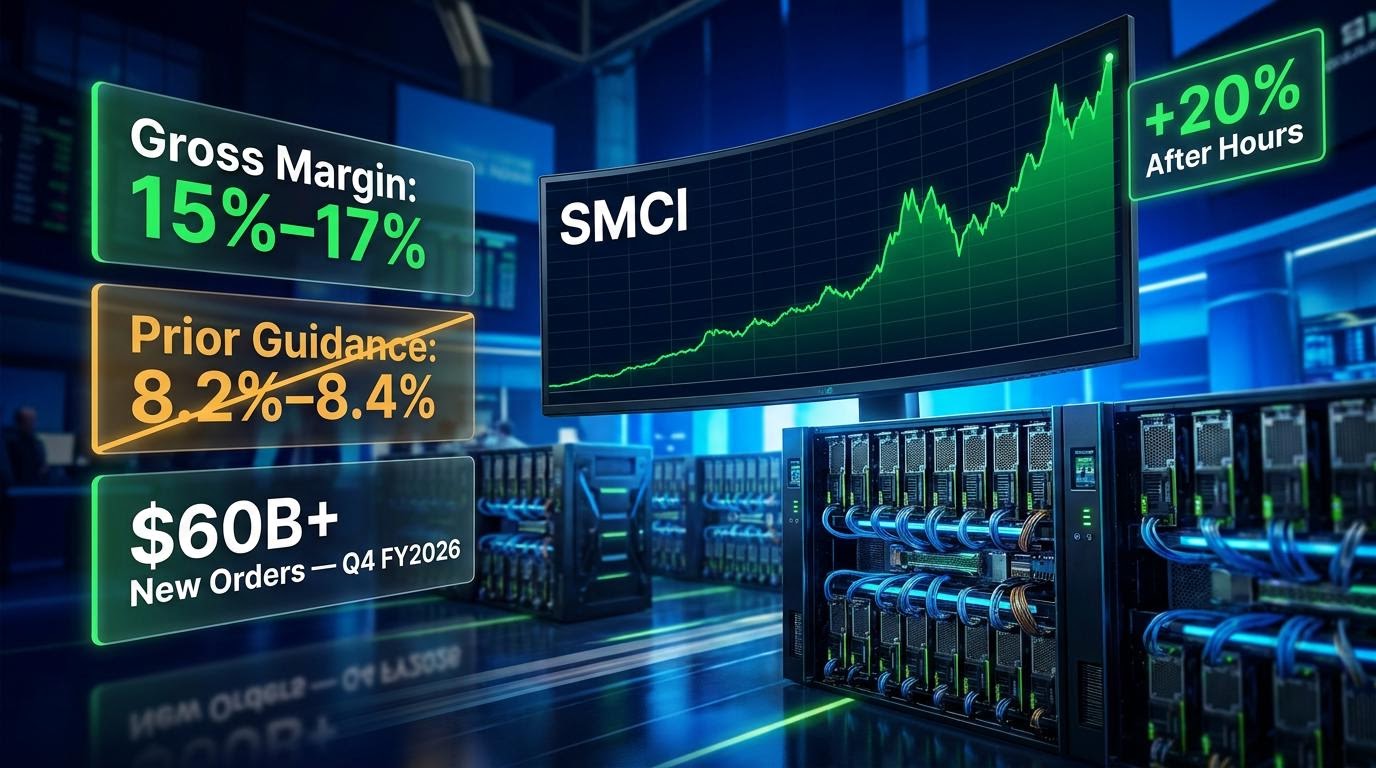 Super Micro Computer stock surges 20% after-hours as gross margin hits 15–17%, nearly doubling prior 8.2% guidance