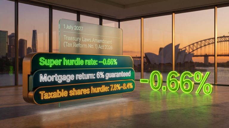 Super hurdle rate −0.66% vs 6% mortgage: Australian CGT reform 2027 investment comparison data panel