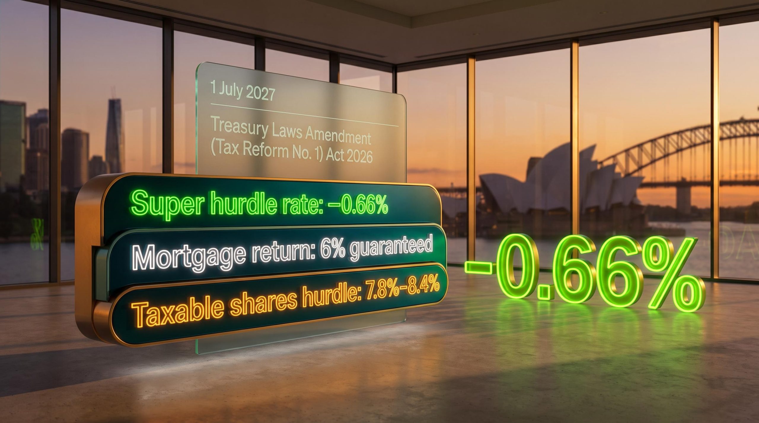 Super hurdle rate −0.66% vs 6% mortgage: Australian CGT reform 2027 investment comparison data panel