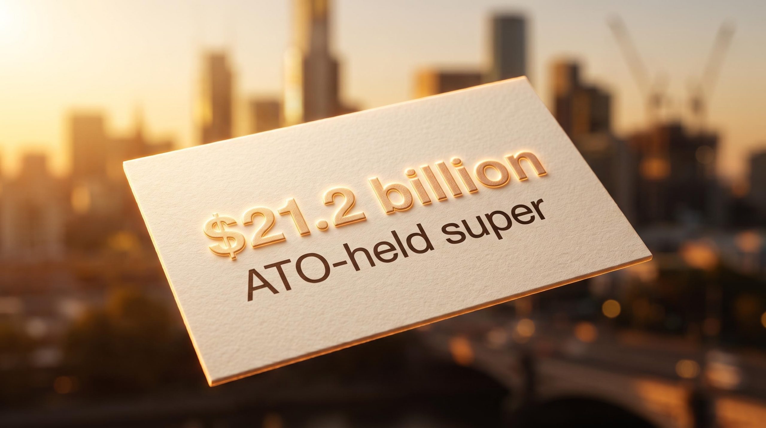 Glowing superannuation statement card showing $21.2 billion ATO-held super against warm Australian golden-hour bokeh