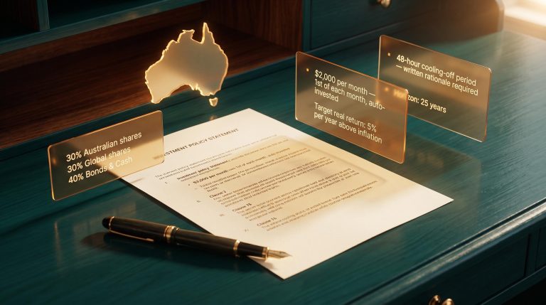 Investment Policy Statement document with superannuation investment strategy data panels showing 30% allocations and $2,000 monthly contributions