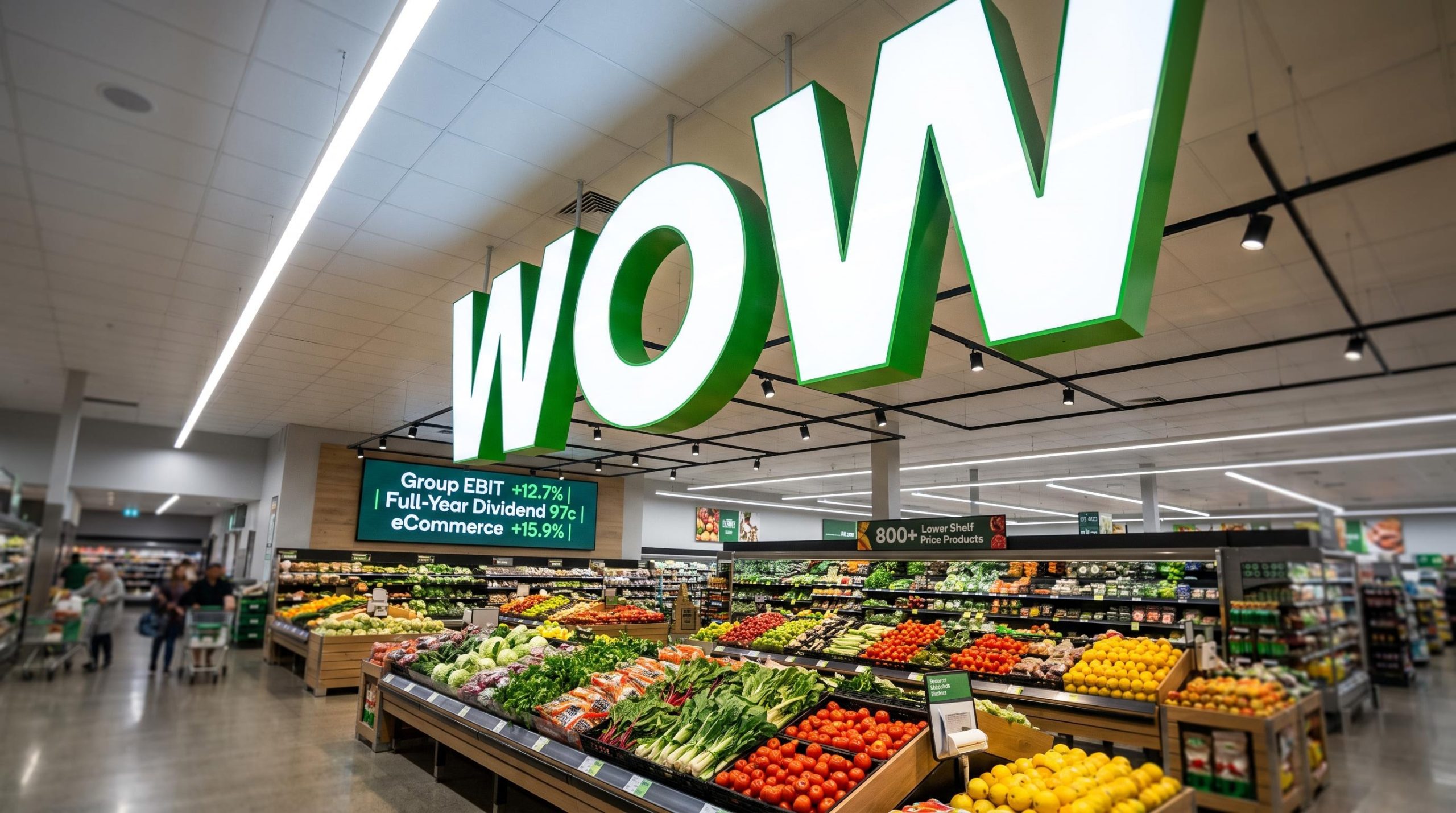 Produce section with WOW sign