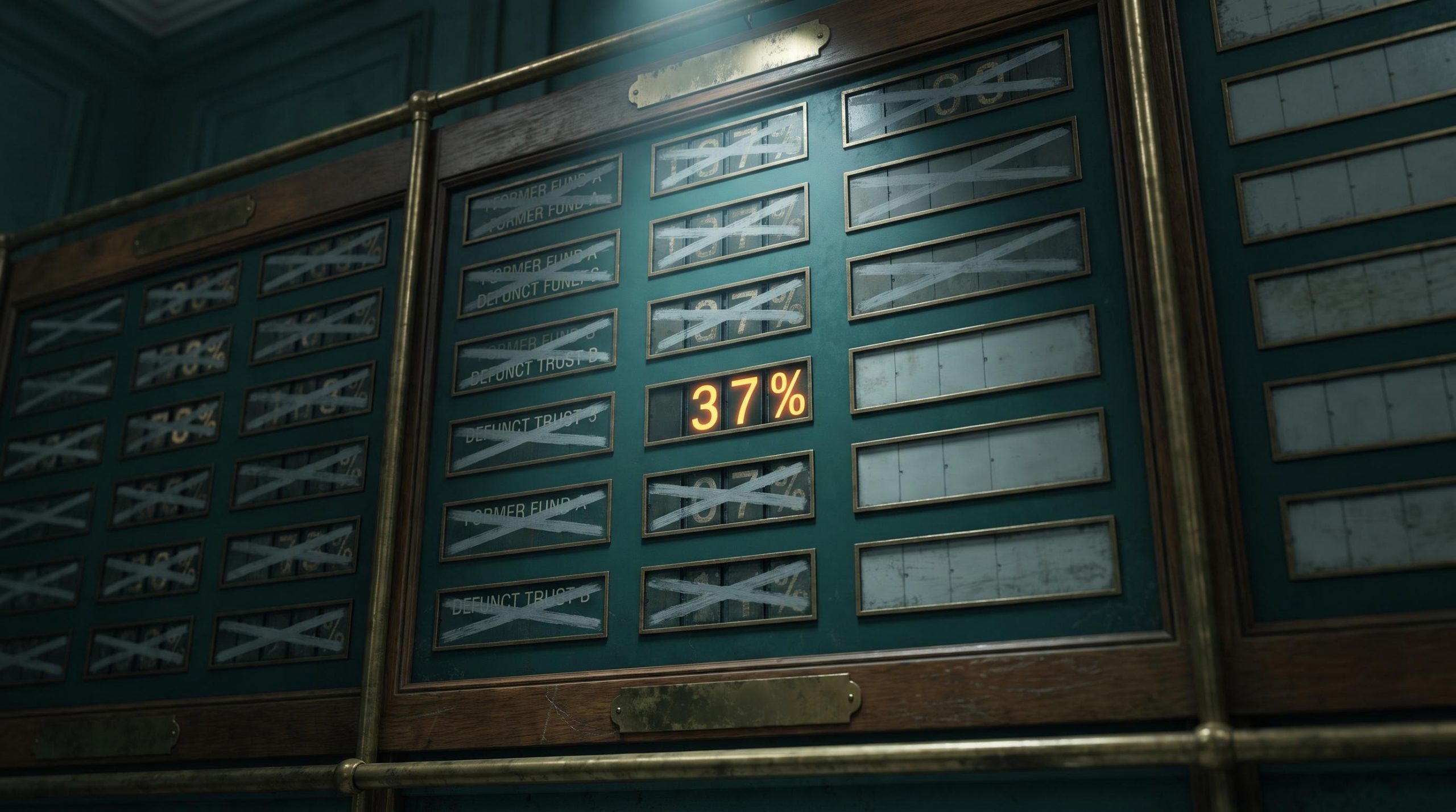 Vintage exchange board showing "37%" survivorship-adjusted active fund rate amid erased ghost entries — survivorship bias active vs passive