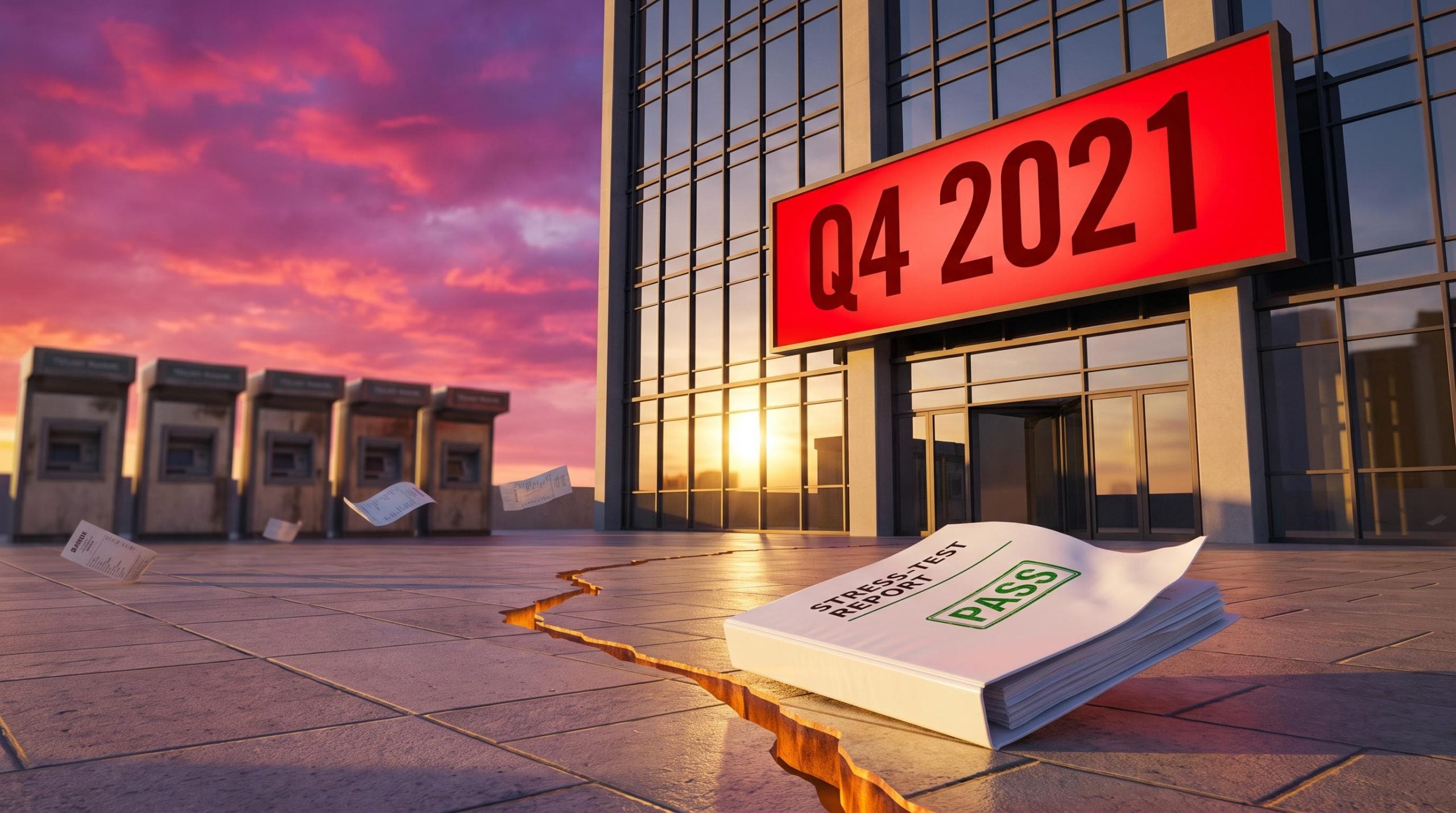 Bank headquarters at sunset with a "Q4 2021" sign and a stamped report, illustrating the SVB stress test failure