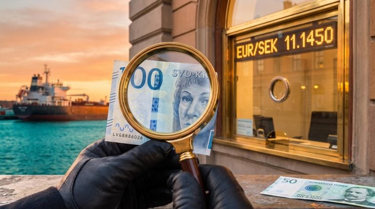 Swedish krona banknote under a magnifier beside an EUR/SEK 11.1450 rate board, illustrating the Swedish krona outlook