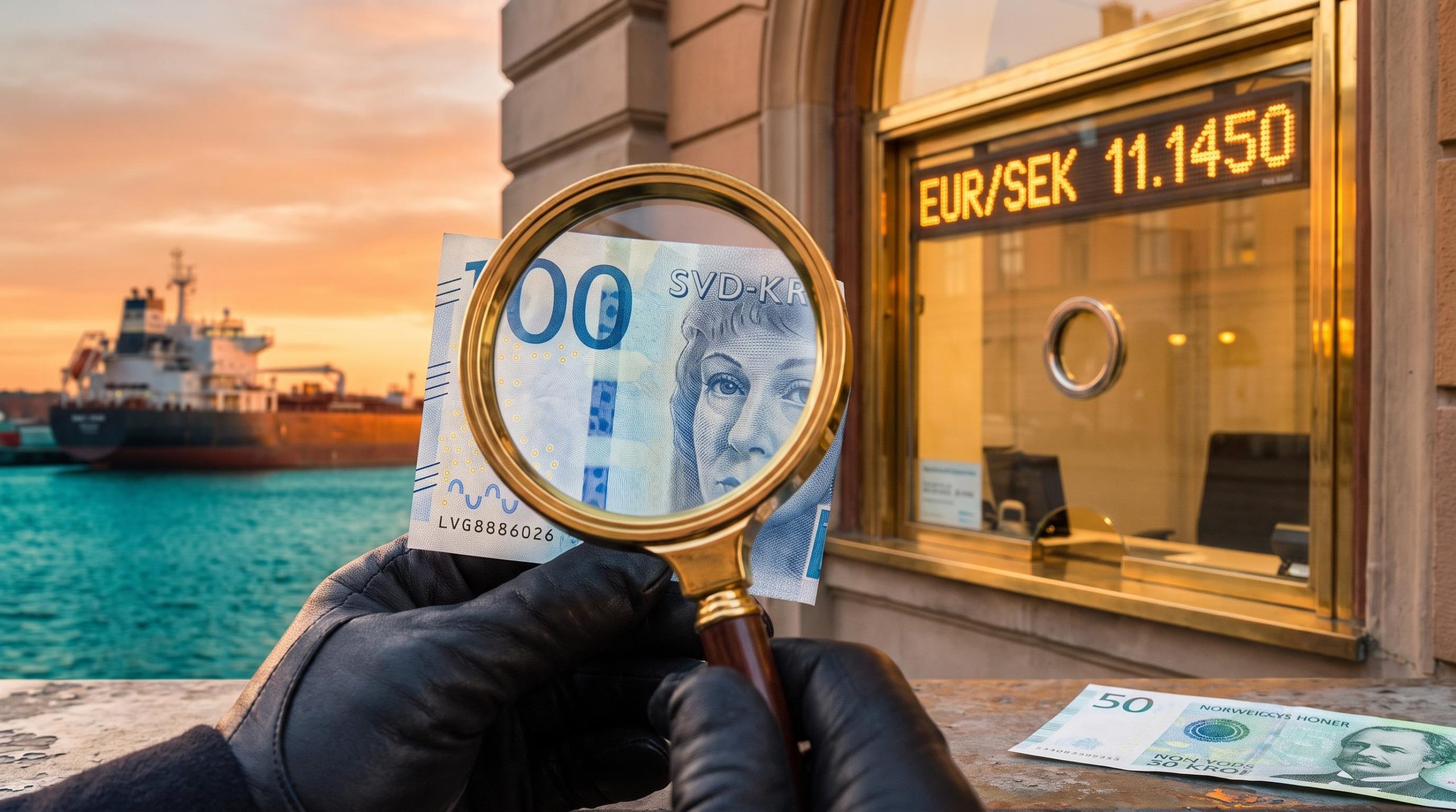 Swedish krona banknote under a magnifier beside an EUR/SEK 11.1450 rate board, illustrating the Swedish krona outlook