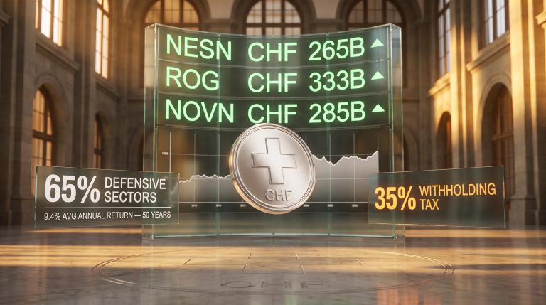 Swiss franc coin with SMI defensive sector data 65% and 9.4% annual return overlaid on exchange trading floor