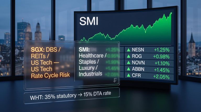 Swiss Market Index terminal with SMI tickers Nestlé Roche Novartis versus SGX rate-cycle portfolio gap analysis