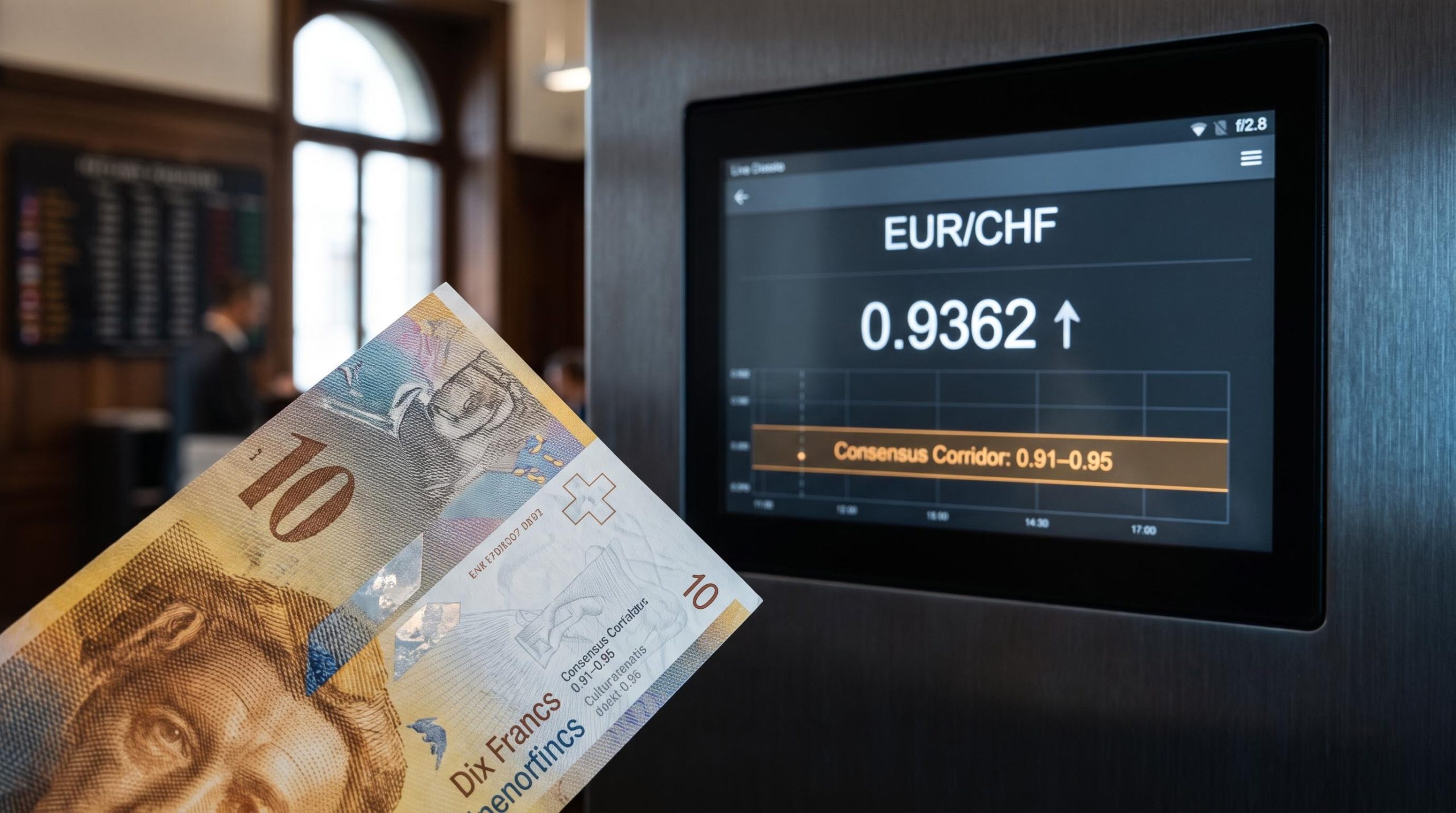 Swiss franc banknote in macro focus with EUR/CHF rate 0.9362 and institutional 0.91–0.95 corridor on trading terminal