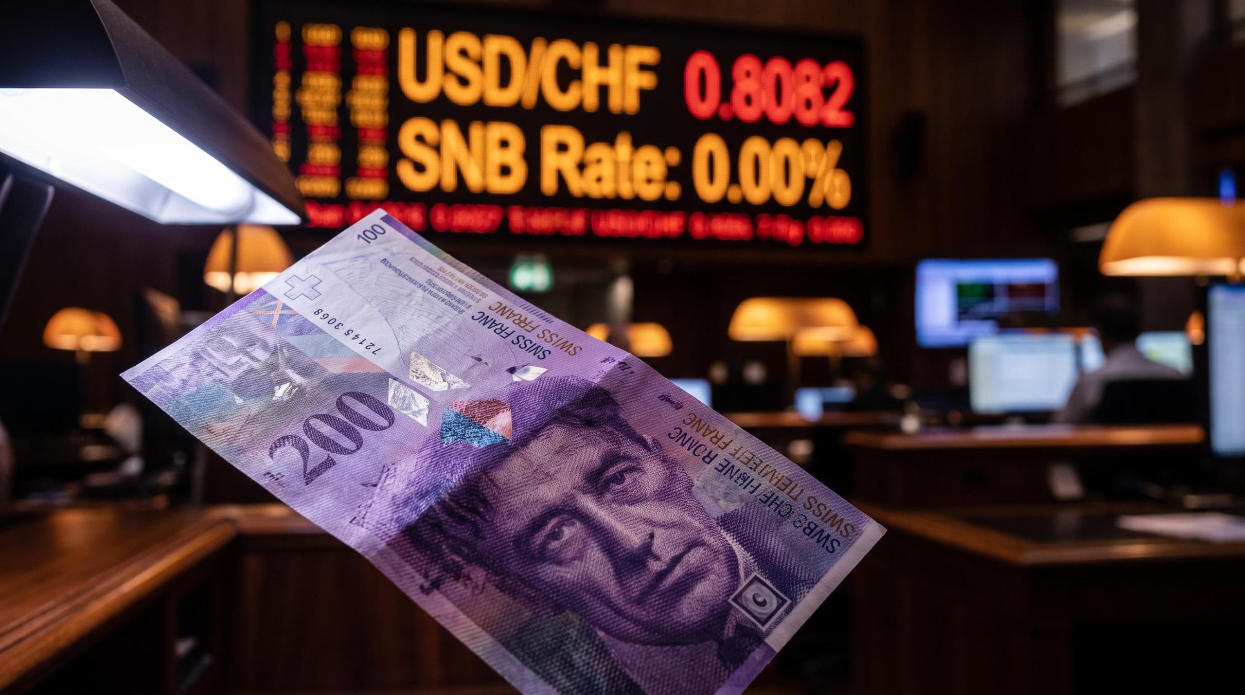 Swiss Franc banknote under directional light with USD/CHF 0.8082 and SNB 0% rate on trading screen
