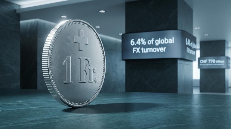 Oversized CHF 1 coin on slate surface with Swiss franc safe haven FX turnover data on background screens
