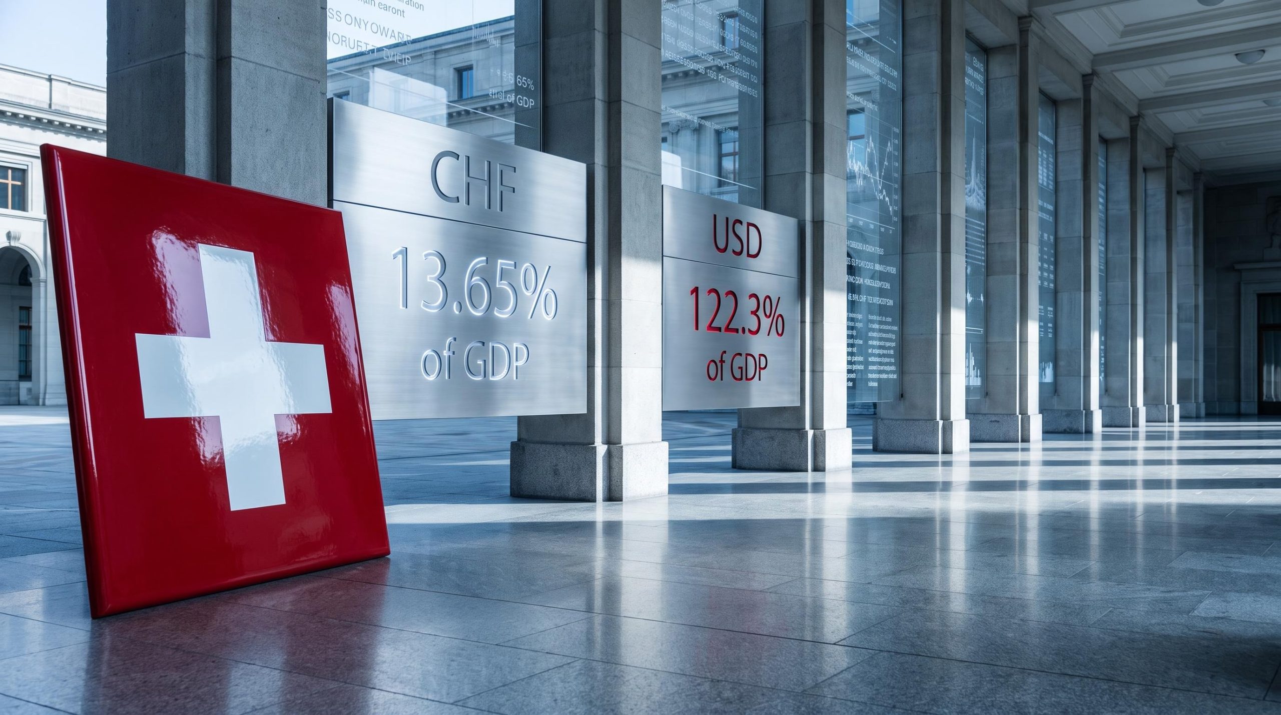 Swiss franc safe haven status shown through debt contrast: CHF at 13.65% vs USD at 122.3% of GDP, SNB rate 0.00%