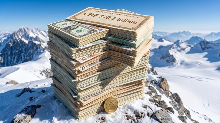 Tower of foreign bond certificates worth CHF 770.1 billion rising from Swiss Alps, visualising how the SNB works