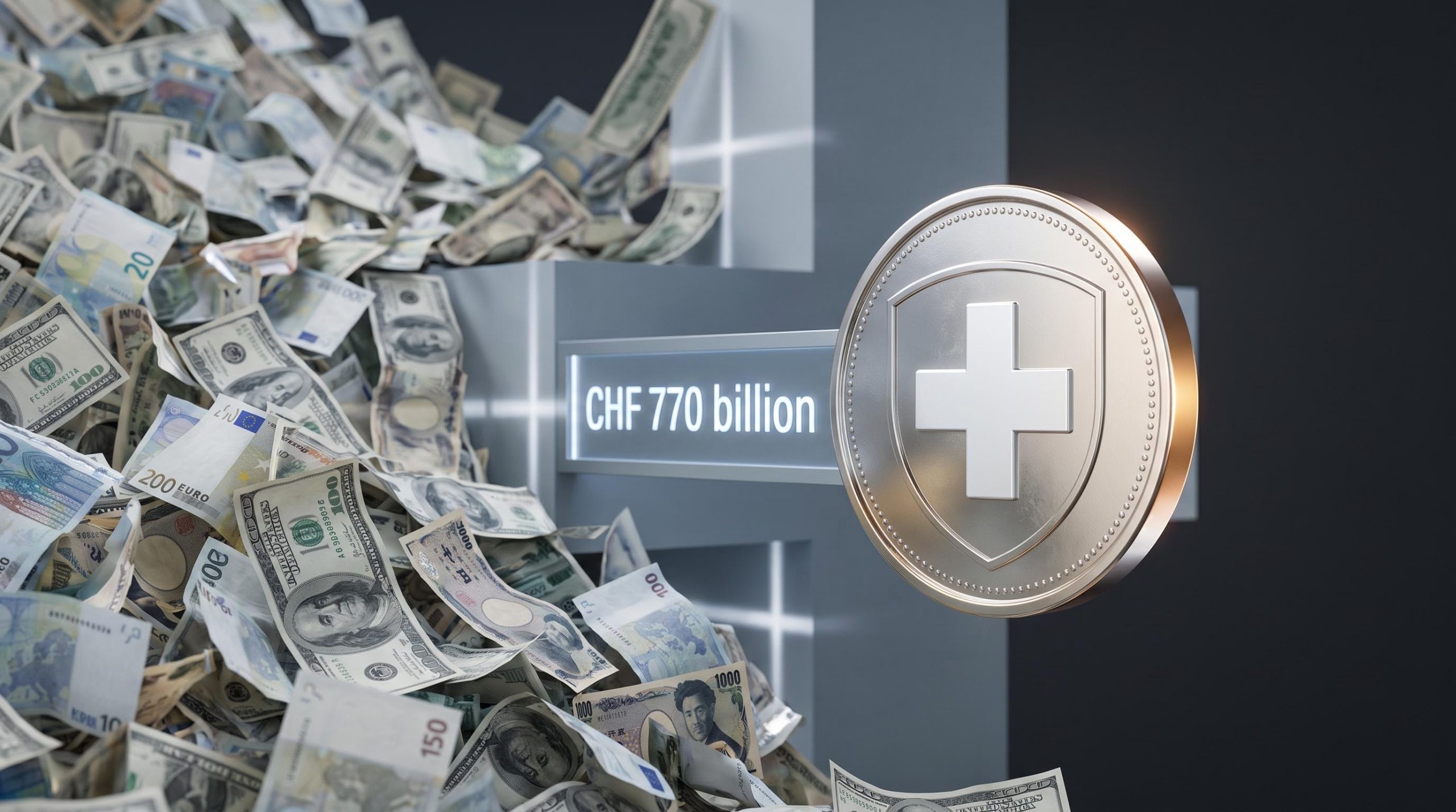 Swiss Franc coin standing against a torrent of foreign currency notes, with CHF 770 billion reserve figure displayed