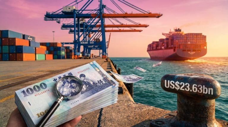 Taiwan dollar analysis: banknotes and loupe at a container port beside a US$23.63bn surplus sign as cargo ships depart