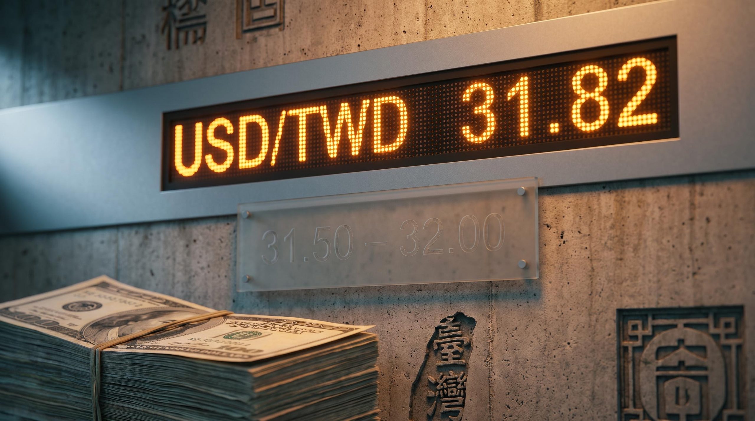USD/TWD rate display showing 31.82 with stacked USD reserves — Taiwan Dollar forecast held by CBC intervention