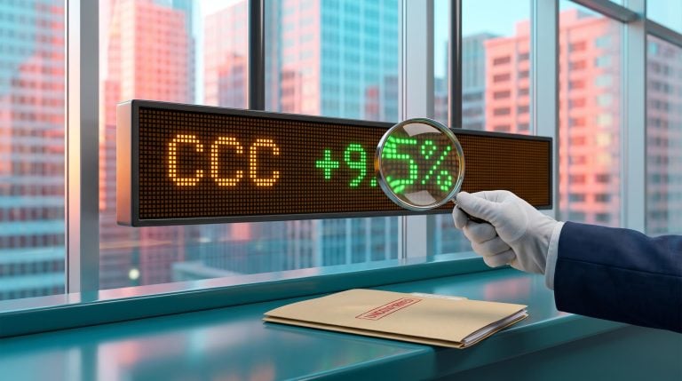 Premarket ticker showing CCC up 9.5% under a magnifying glass, illustrating takeover rumors stock moves before confirmation