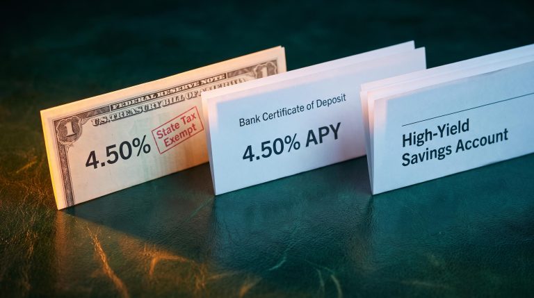 T-Bills vs CDs vs high-yield savings documents fanned on leather surface with 4.50% state-tax-exempt yield highlighted
