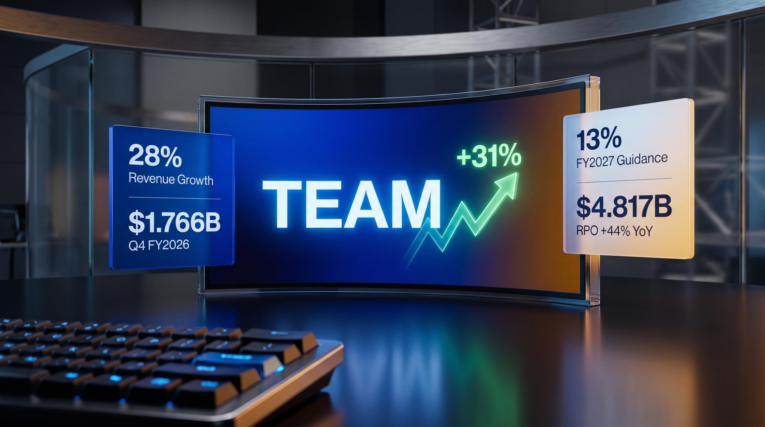 TEAM stock 31% surge on trading screen alongside 28% revenue growth and 13% FY2027 guidance panels