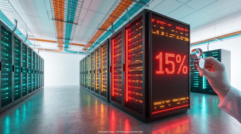 Server rack showing a 15% yield under a loupe, symbolising tech selloff diversification risk from AI financing stress