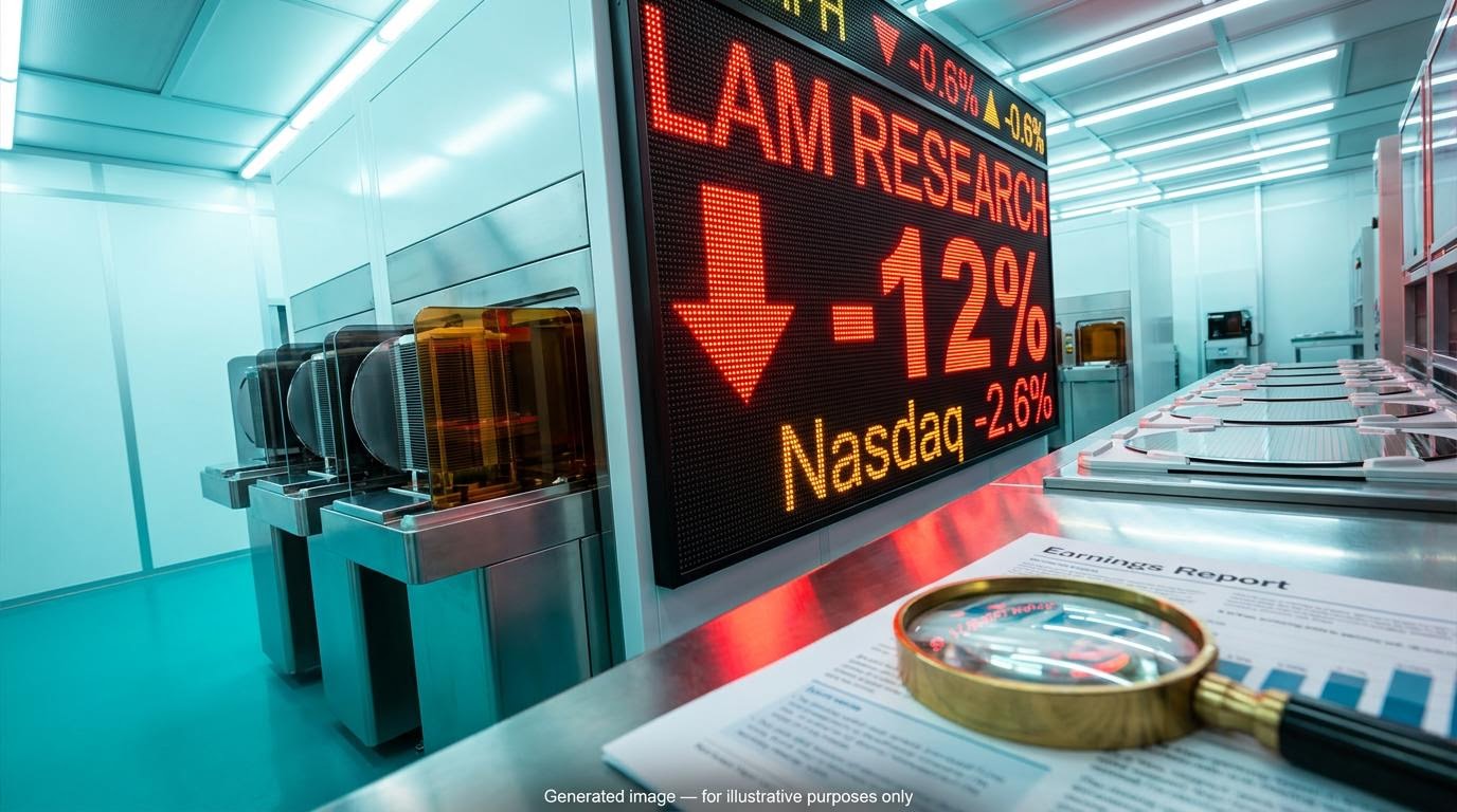 Lam Research -12% on a red market ticker in a chip cleanroom during the tech stock sell-off, with an analyst's loupe in focus