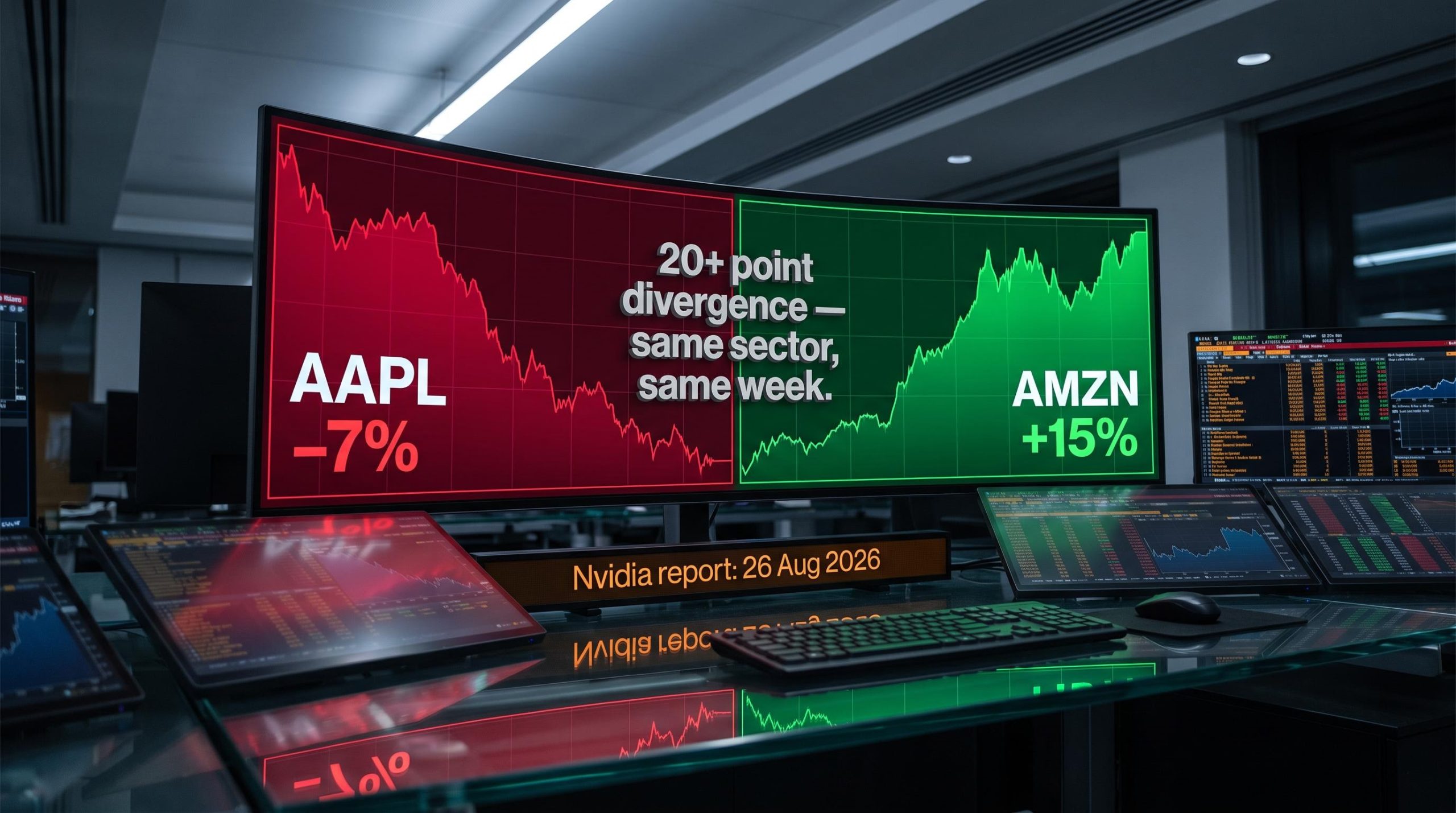 AAPL −7% vs AMZN 15% earnings divergence on trading screens ahead of Nvidia's 26 Aug print