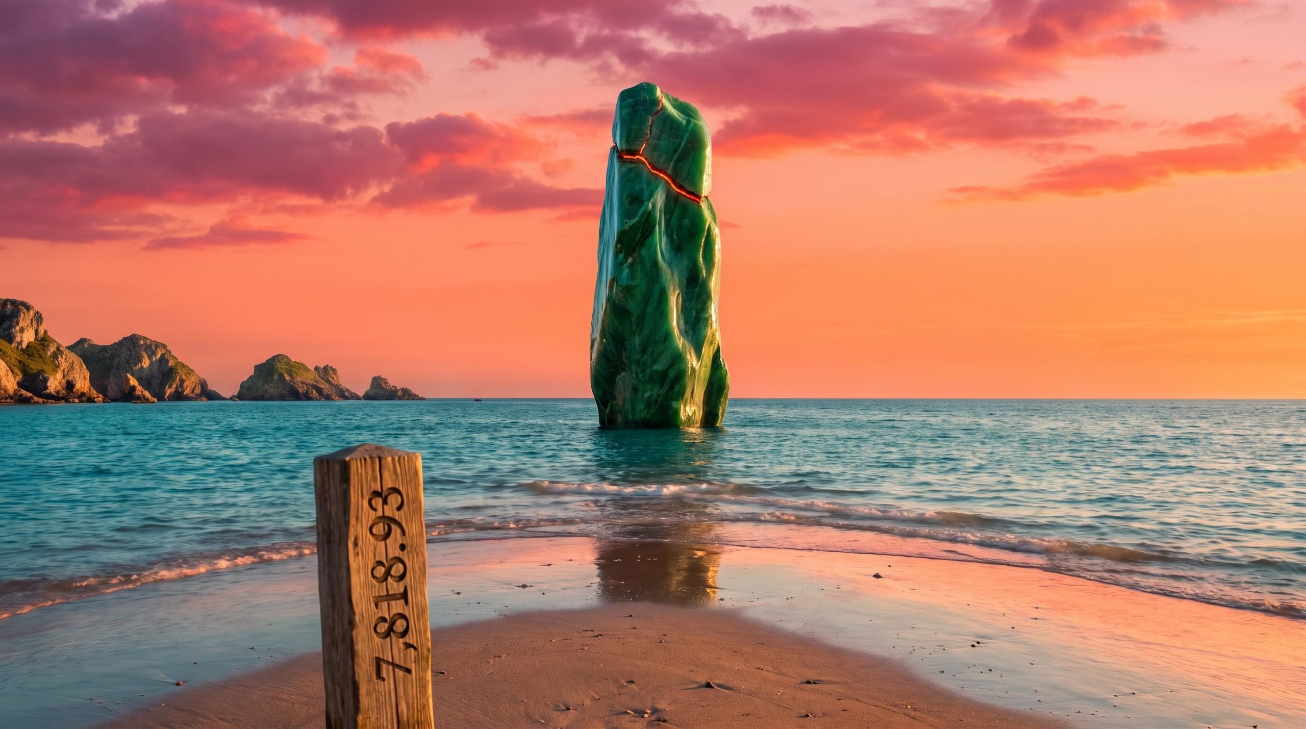 Candlestick-shaped rock island isolated by sea gaps at sunset, illustrating technical analysis reversal signals at 7,818.93
