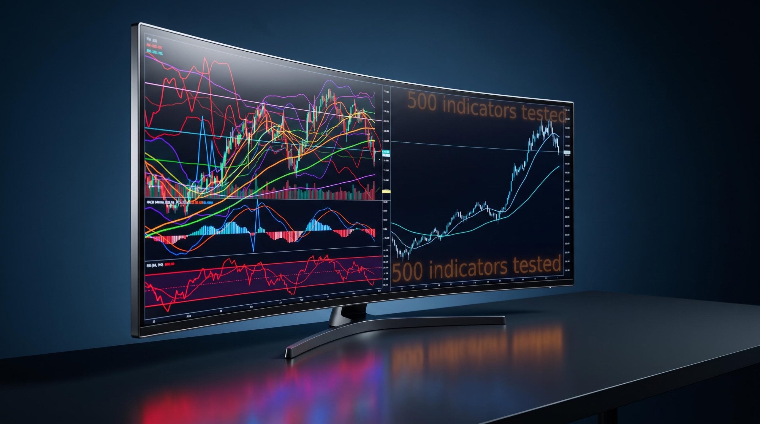 Trading monitor split between 15 chaotic indicator overlays and a clean minimal chart — signal vs noise in technical analysis