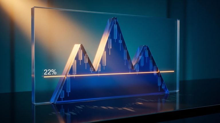 Head-and-shoulders chart pattern in 3D glass on obsidian desk, illustrating technical trading strategy signals