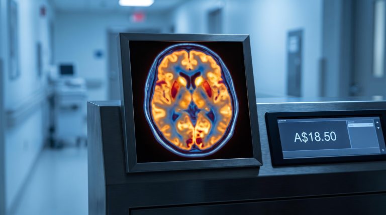 Glowing PET brain scan on clinical console with A$18.50 Morningstar fair value on secondary screen — Telix Pixclara stock analysis
