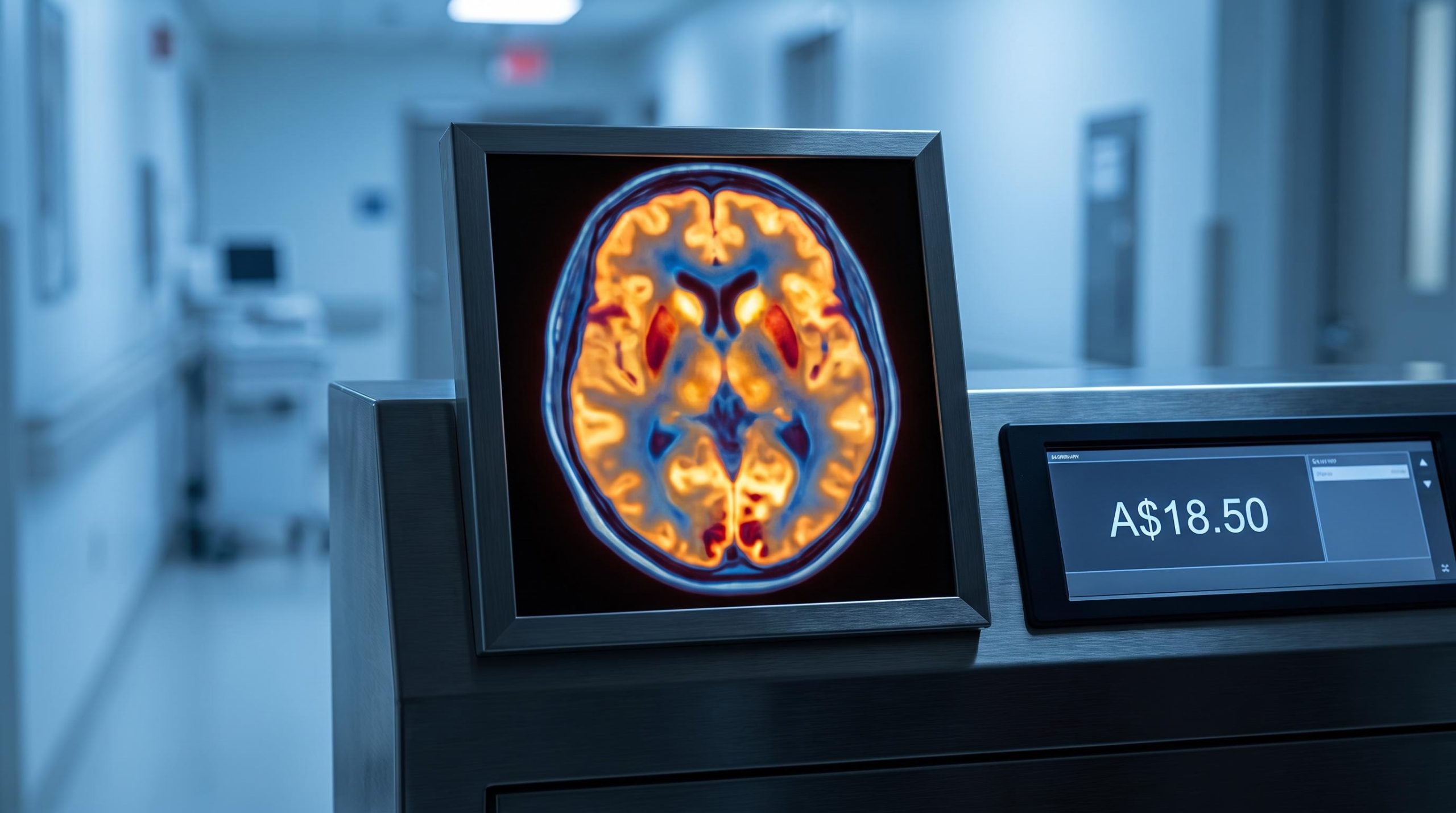 Glowing PET brain scan on clinical console with A$18.50 Morningstar fair value on secondary screen — Telix Pixclara stock analysis
