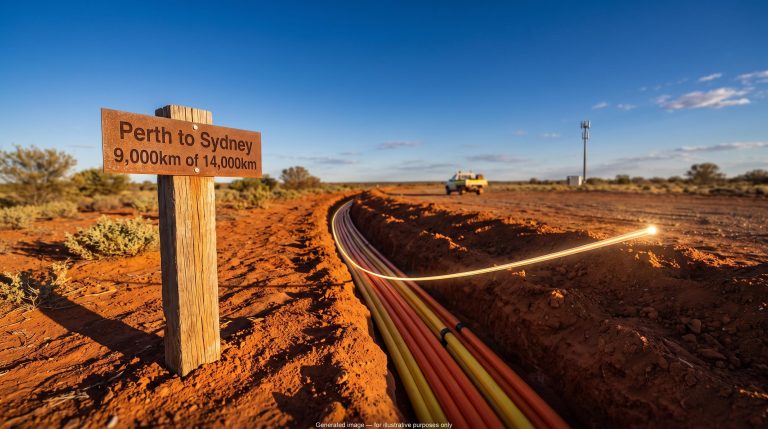 Fibre cable trench in the Australian outback beside a Perth to Sydney marker, illustrating the Telstra growth outlook