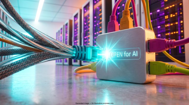 Glowing connector plugging into a hub labelled OPEN for AI, illustrating the Tenable OPEN for AI launch