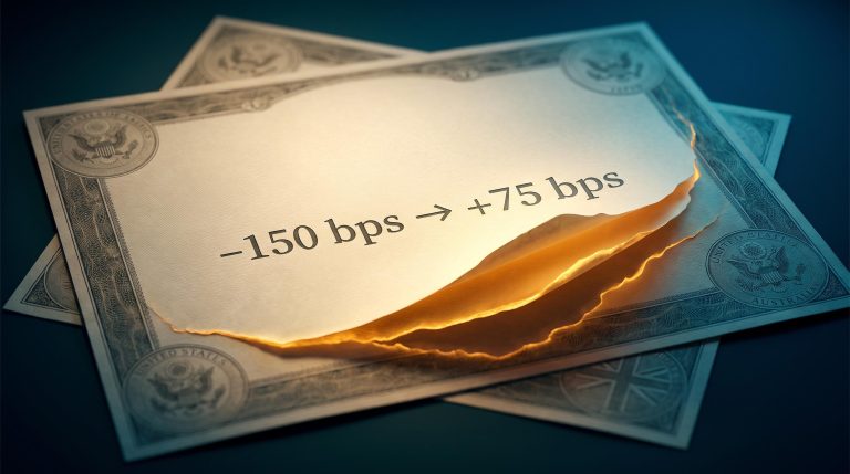 Bond certificate with glowing internal layer exposed, showing –150 bps to +75 bps term premium regime shift