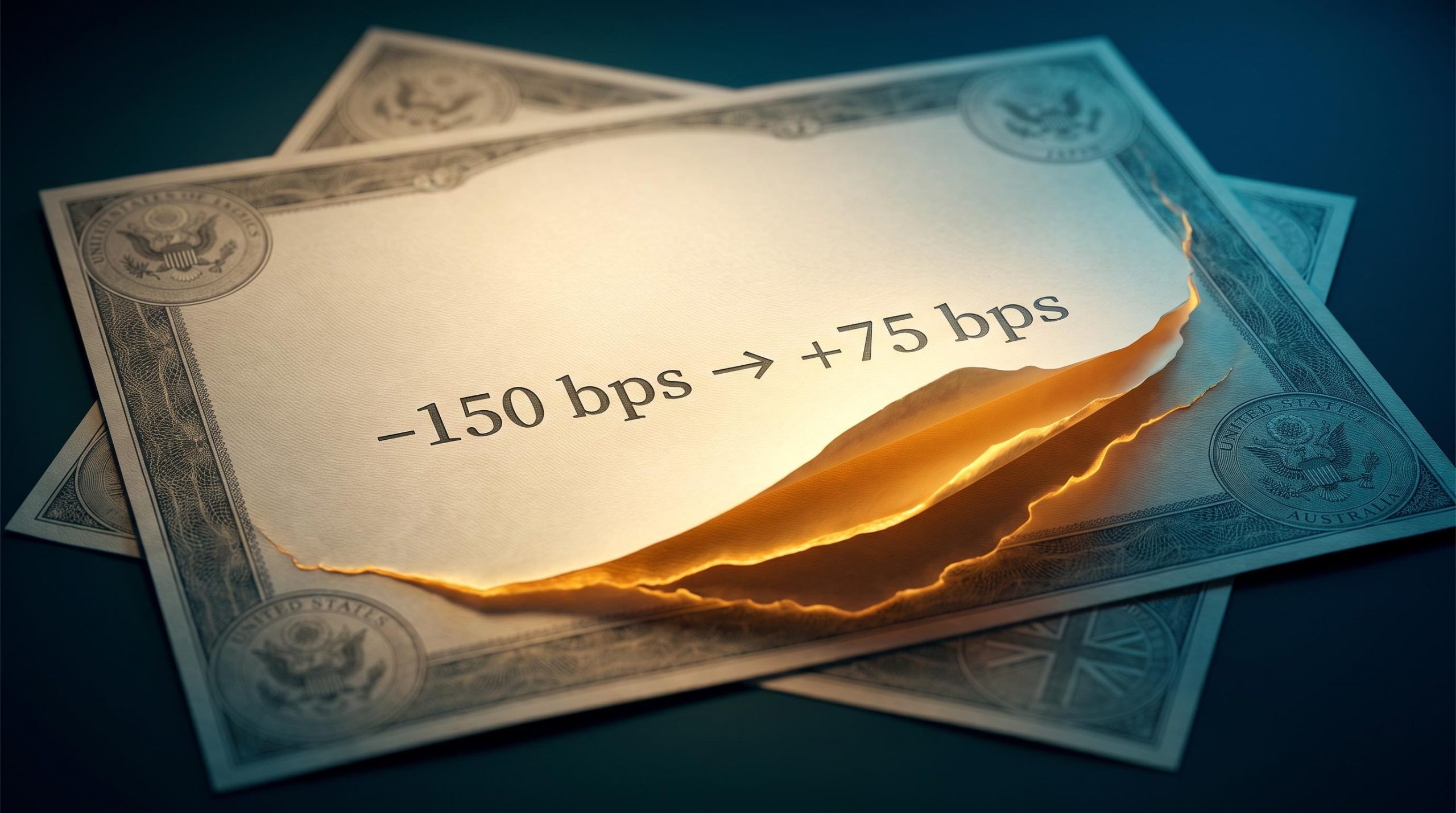 Bond certificate with glowing internal layer exposed, showing –150 bps to +75 bps term premium regime shift