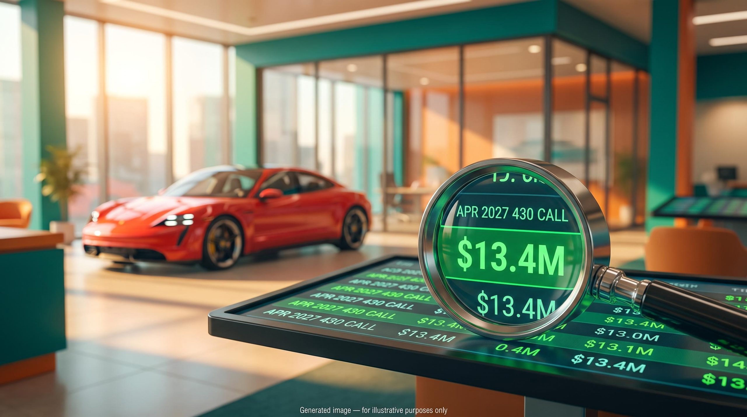 Options chain screen highlighting a $13.4M Tesla April 2027 call options trade, with a loupe and red sports car behind