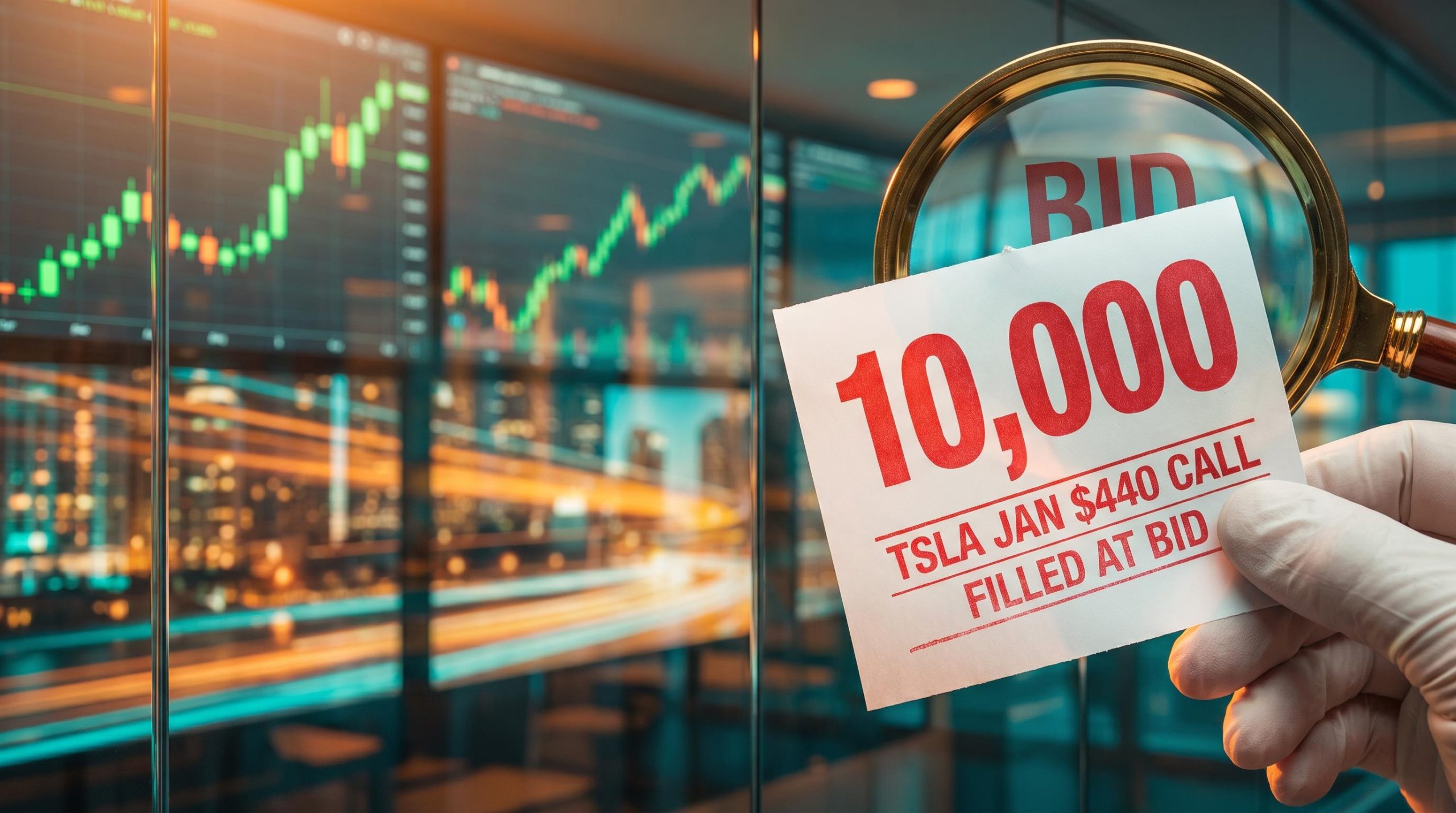 Trade ticket for 10,000 Tesla call options marked filled at bid under a magnifying glass, questioning the bullish signal