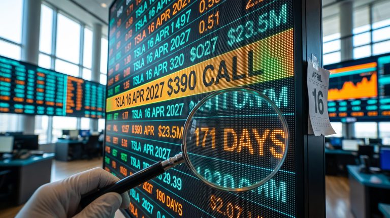 Magnifying glass over a Tesla call options flow screen showing $23.5M and 171 days to expiry