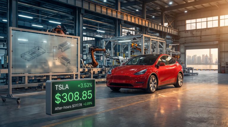 Tesla Model Y on Gigafactory Shanghai floor with TSLA 3.53% and $308.85 data panel as China spinoff news breaks