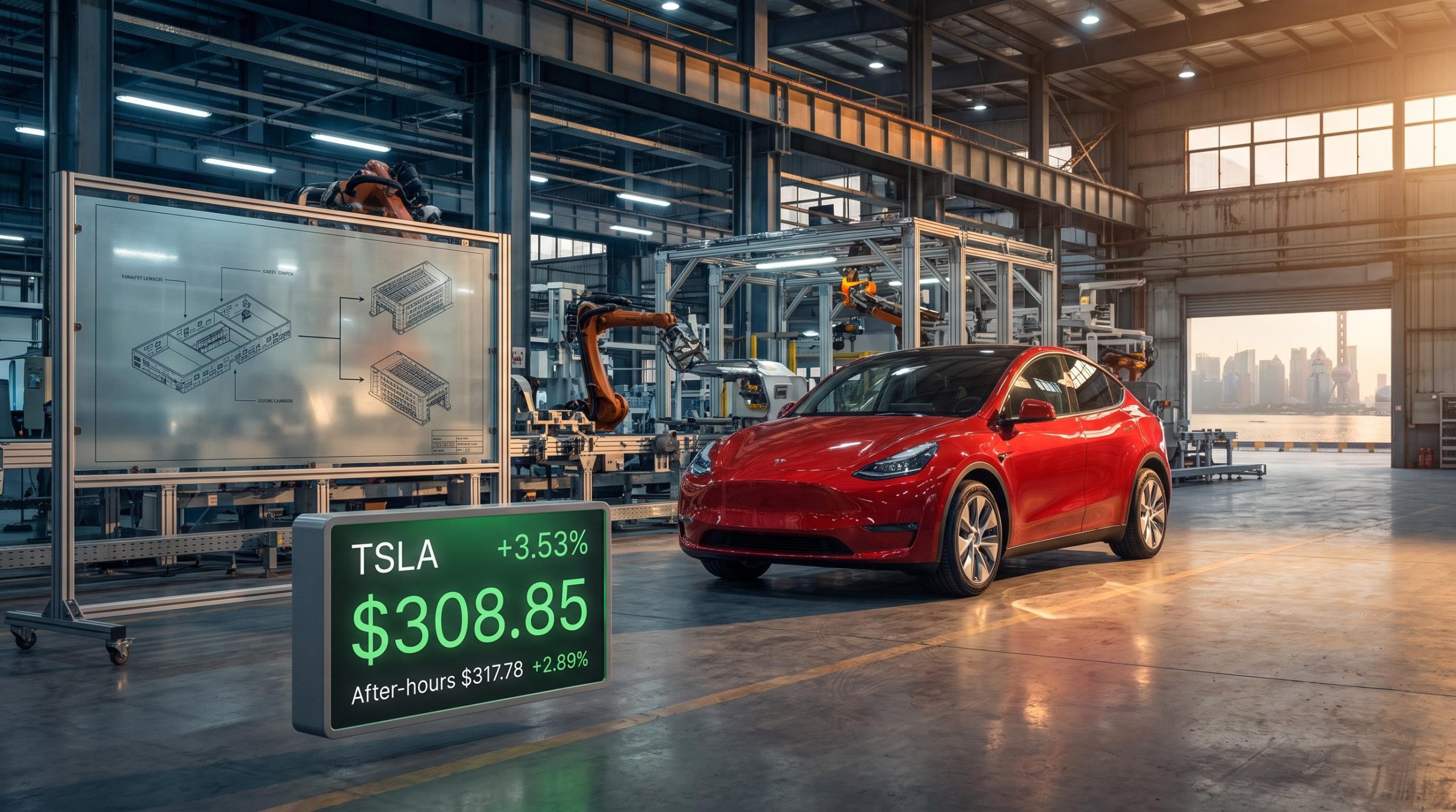 Tesla Model Y on Gigafactory Shanghai floor with TSLA 3.53% and $308.85 data panel as China spinoff news breaks