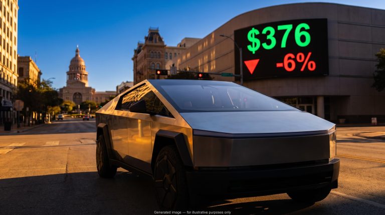 Tesla Cybercab on Austin street with $376 and -6% ticker signage showing Cybercab stock impact two-day whipsaw