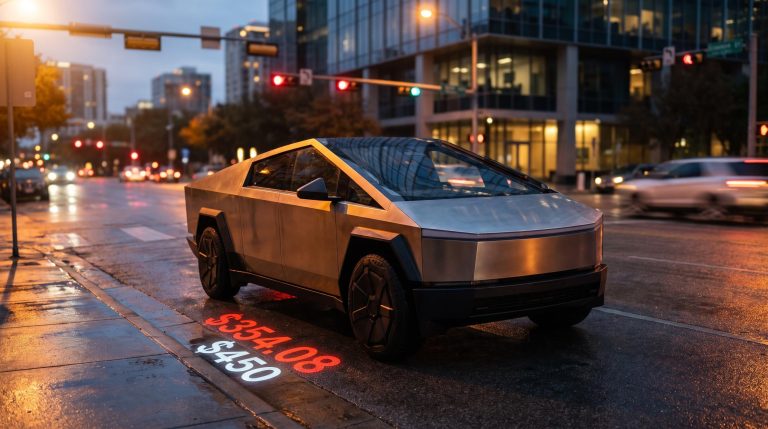 Tesla Cybercab on Austin street with $354.08 vs $450 valuation gap highlighted — TSLA stock valuation analysis