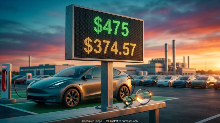 Price board showing $374.57 against a $475 Tesla fair value estimate in front of an electric SUV at a factory at sunset