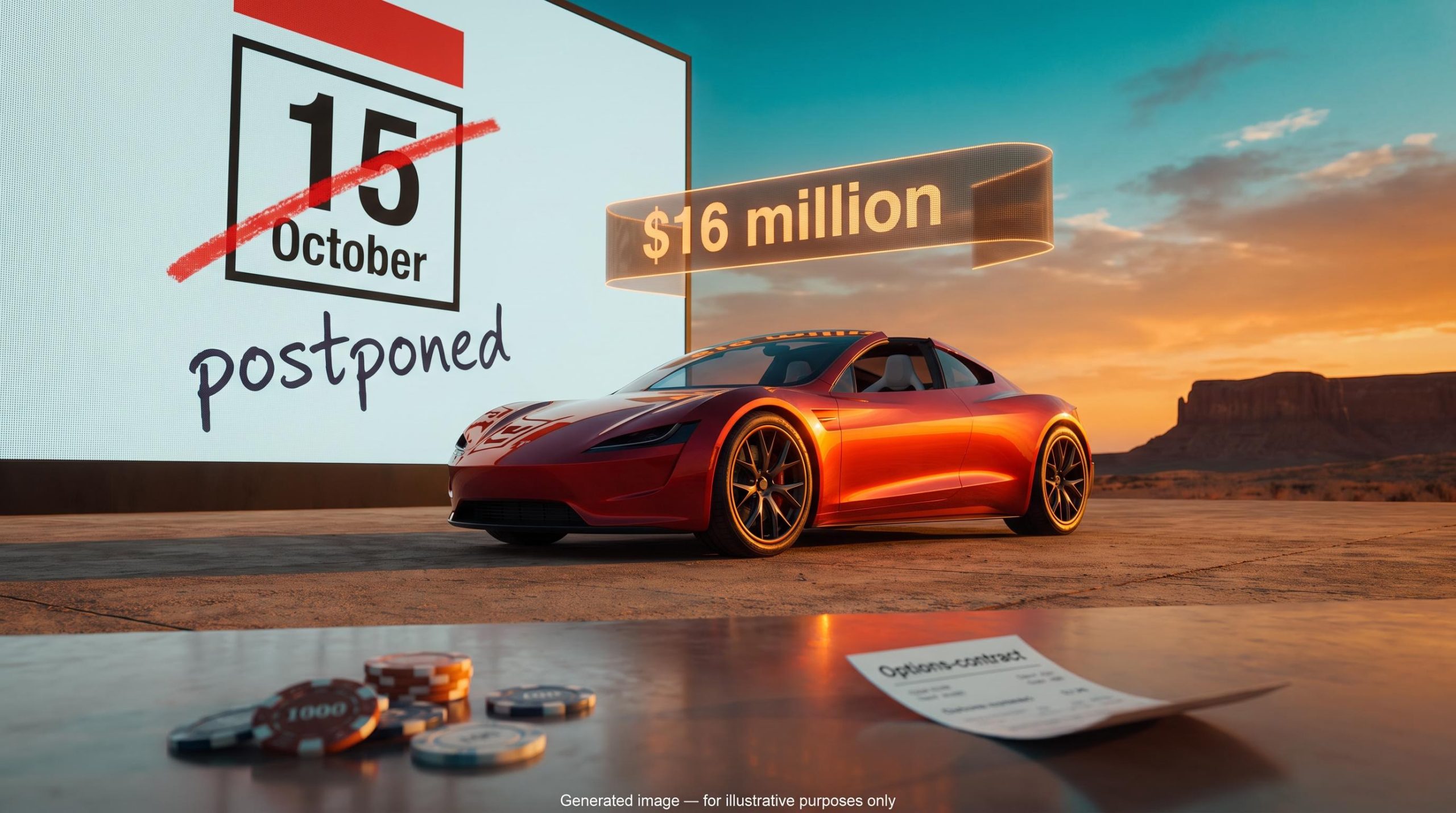 Roadster concept on a Texas stage with a postponed reveal date and $16 million banner, Tesla options trading strategy case study
