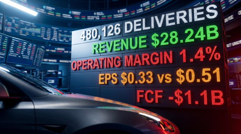 Tesla Q2 2026 earnings data board showing 480,126 deliveries vs 1.4% operating margin and -$1.1B free cash flow